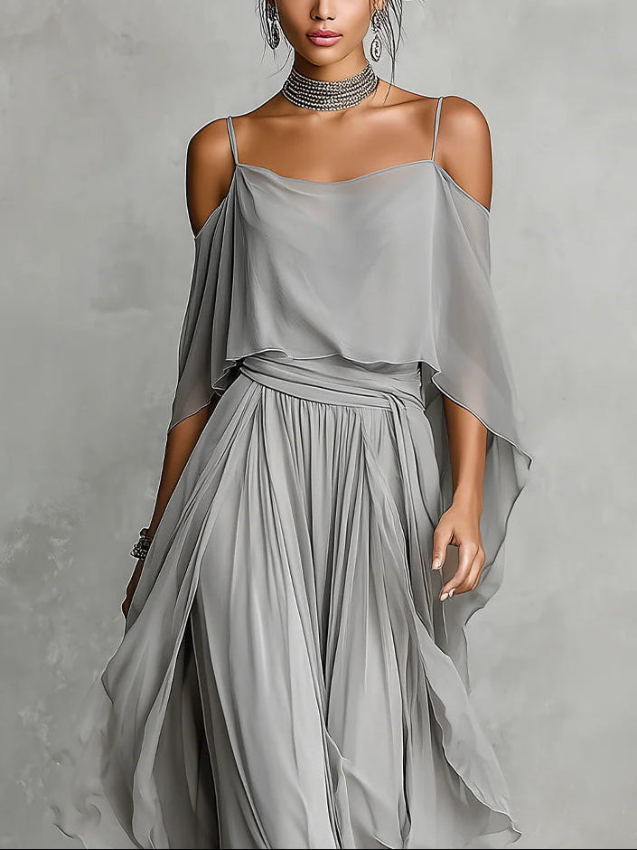 Grey off-shoulder flowy camisole and trousers chiffon set