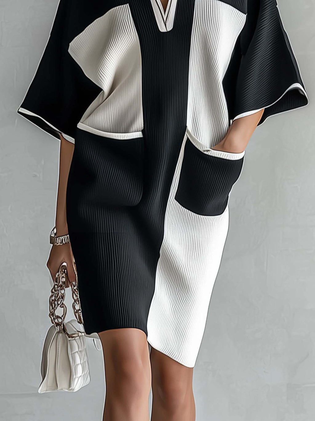 Black and white color-block midi dress with batwing sleeves