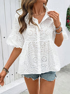 Women's White Short-Sleeve Shirt with Openwork Embroidery