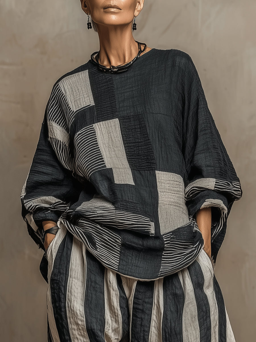 Casual Color-Block Printed Long-Sleeve Top And Pants Set