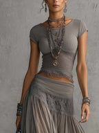 Grey Sheer Lace-Paneled Top and Pleated Maxi Skirt Set