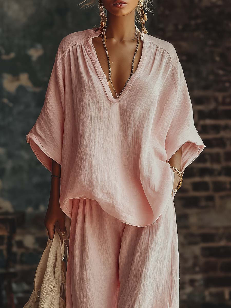 Casual Pink V-Neck Shirt and Trousers Set