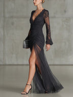 Dark Grey Lace Ruched Sheer Long Sleeve Slit Maxi Dress