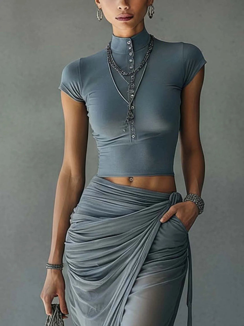 Blue Cropped T-Shirt and Sheer Mesh Draped Skirt Set