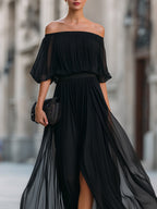 Black Off-Shoulder Pleated Chiffon Maxi Dress