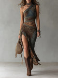 Ethnic-Style Printed One-Shoulder Maxi Dress with High Slit