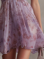 Retro Purple Floral Ruffled Chiffon Mini Dress