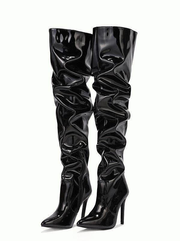PU Leather Over-the-knee High-heeled Pleated Boots