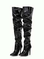 PU Leather Over-the-knee High-heeled Pleated Boots
