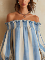 Blue and white striped off-the-shoulder mini dress with a contrasting hem
