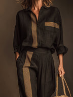 Retro Casual Color-Block Striped Two-Piece Set