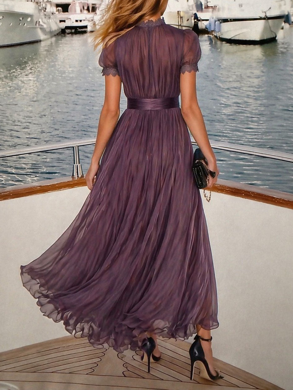 Purple Keyhole Neckline Chiffon Lace Trim Maxi Dress
