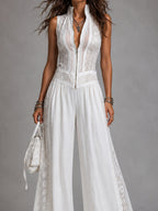 Vintage stand-collar wide-leg jumpsuit with lace paneling