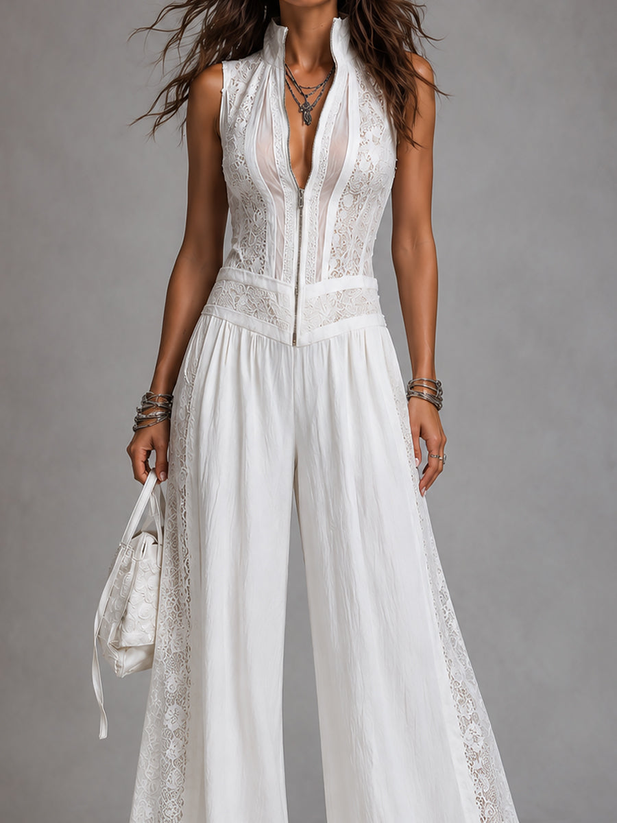 Vintage stand-collar wide-leg jumpsuit with lace paneling