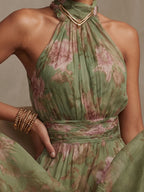 Green Floral Chiffon Halter Maxi Dress