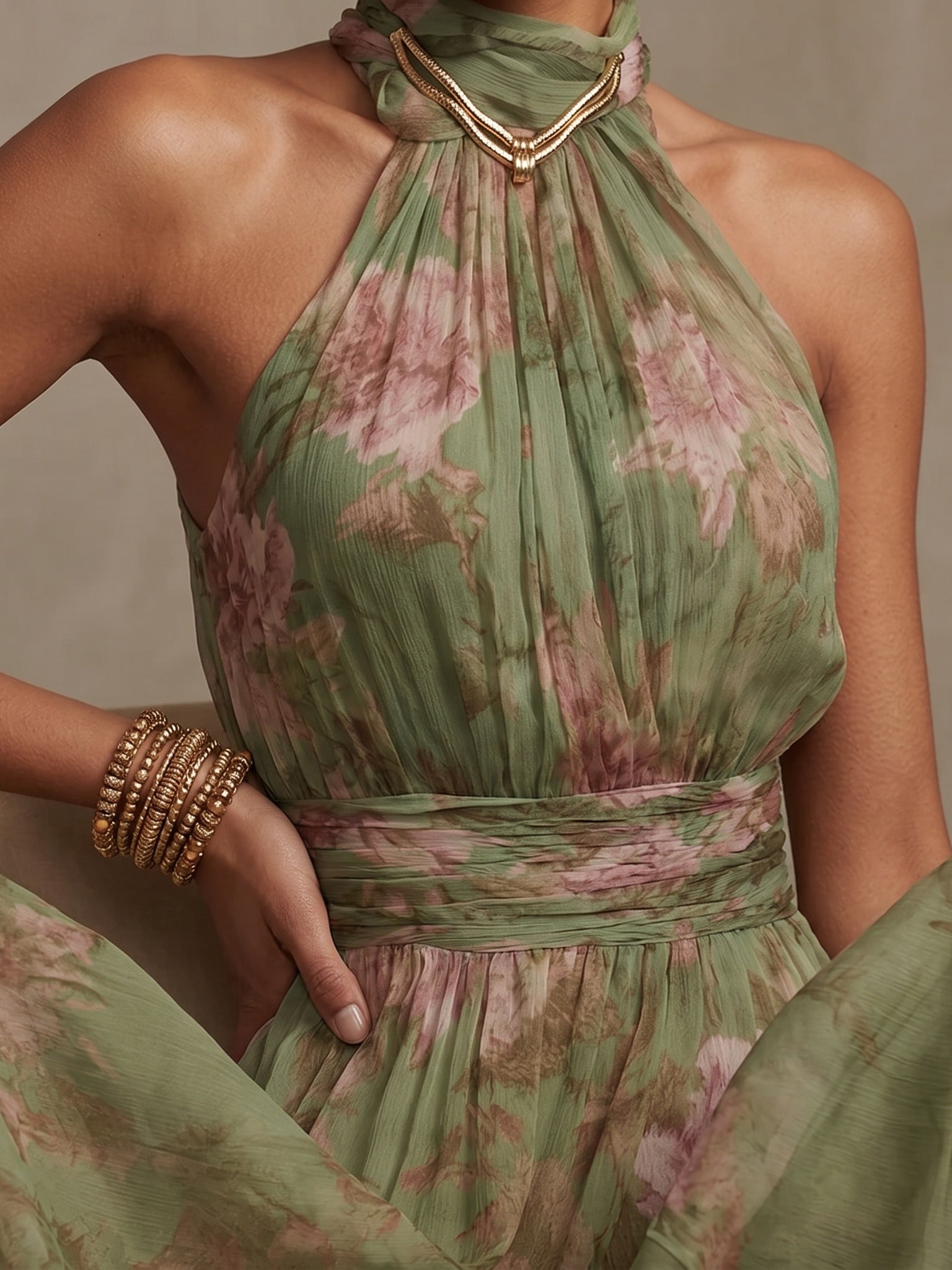 Green Floral Chiffon Halter Maxi Dress
