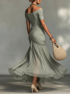Grey Stretch Fabric And Chiffon Maxi Dress
