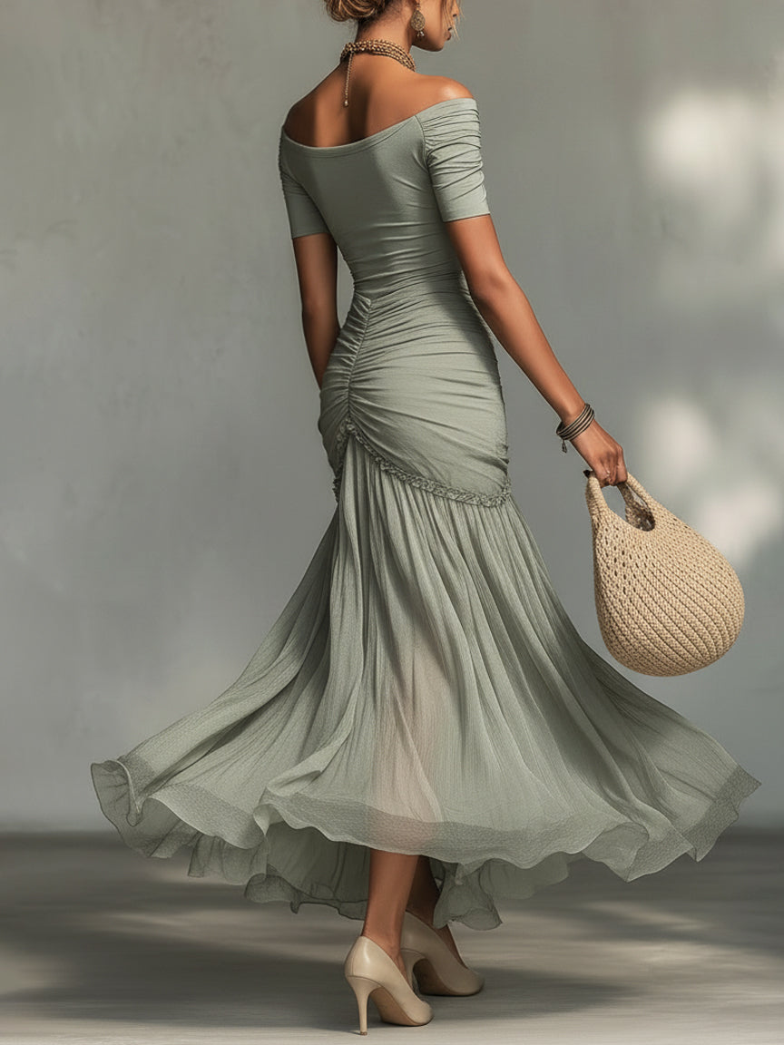 Grey Stretch Fabric And Chiffon Maxi Dress