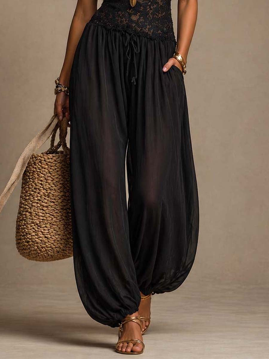 Black Lace and Chiffon Spaghetti-Strap Harem Jumpsuit