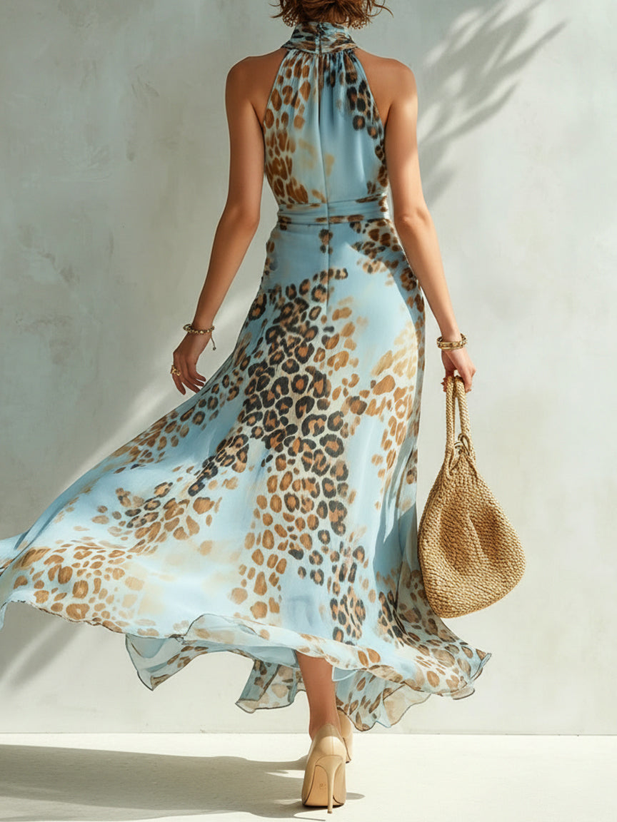 Flowy blue leopard-print chiffon maxi dress