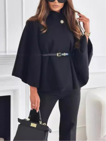 Women's solid color belted wool blend cape coat