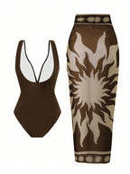 French Vintage Print Deep-V Sexy Swimsuit Set