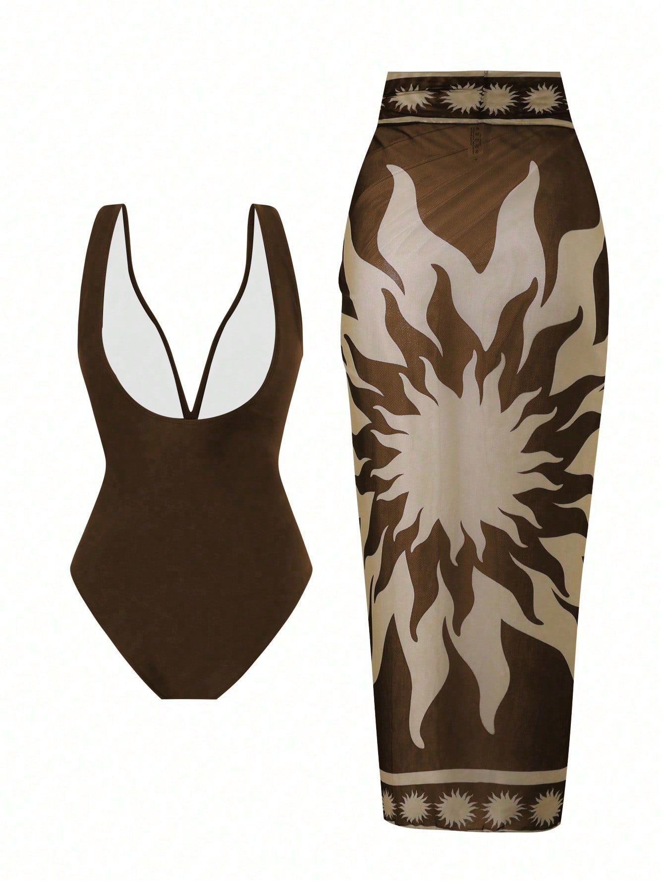French Vintage Print Deep-V Sexy Swimsuit Set