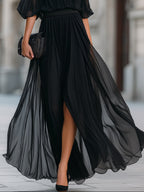 Black Off-Shoulder Pleated Chiffon Maxi Dress