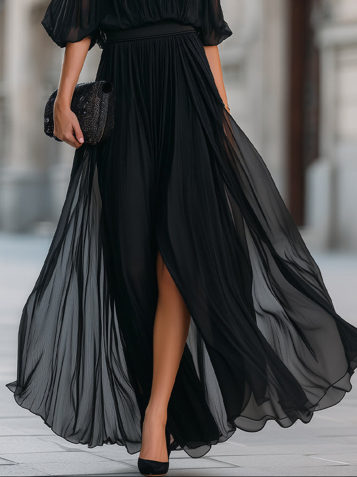 Black Off-Shoulder Pleated Chiffon Maxi Dress