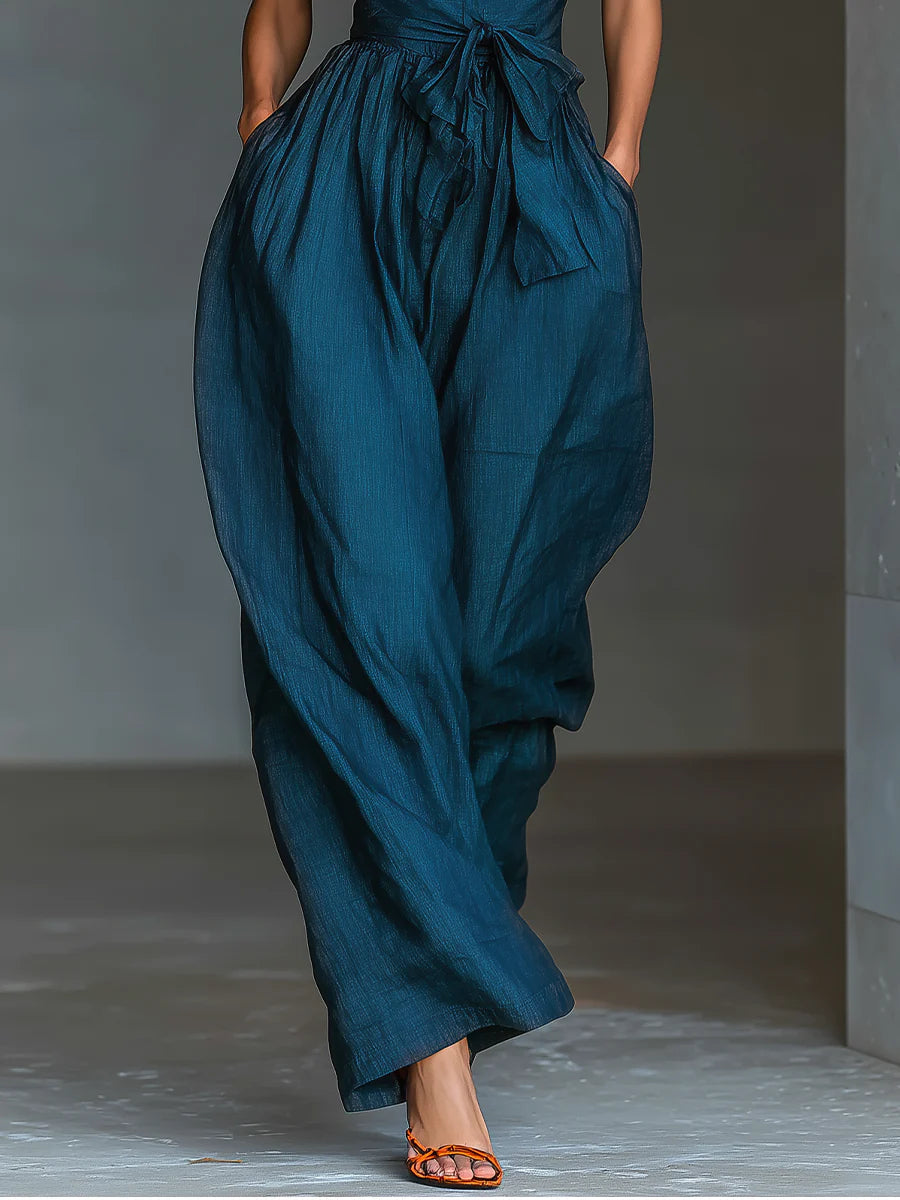 Navy Cross Halter Wide-Leg Jumpsuit With Side Pockets