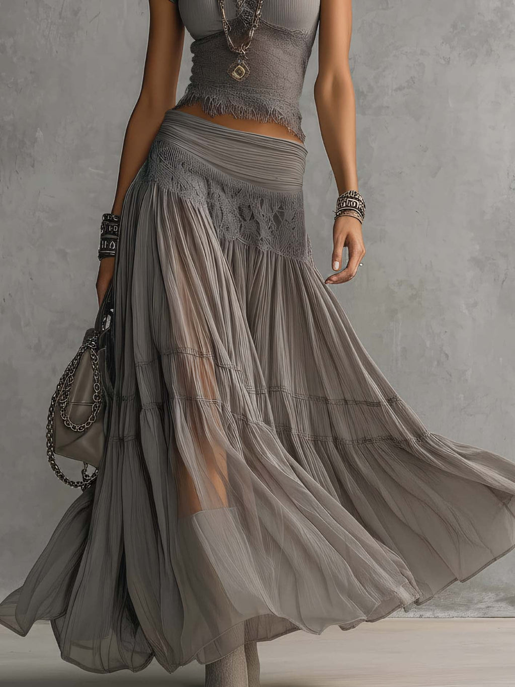 Grey Sheer Lace-Paneled Top and Pleated Maxi Skirt Set