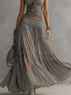 Grey Sheer Lace-Paneled Top and Pleated Maxi Skirt Set