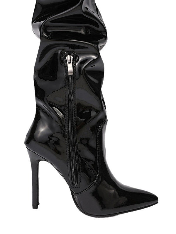 PU Leather Over-the-knee High-heeled Pleated Boots