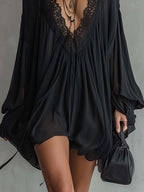 Black Chiffon Halter Mini Dress With Lace Neckline