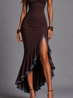 Retro Lace-Trimmed Ruffled-Hem High-Slit Maxi Dress
