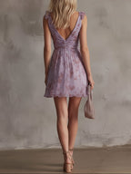 Retro Purple Floral Ruffled Chiffon Mini Dress