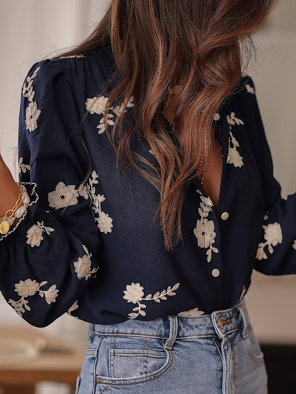 Women's Long-Sleeve Embroidered Chiffon Blouse