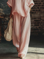 Casual Pink V-Neck Shirt and Trousers Set