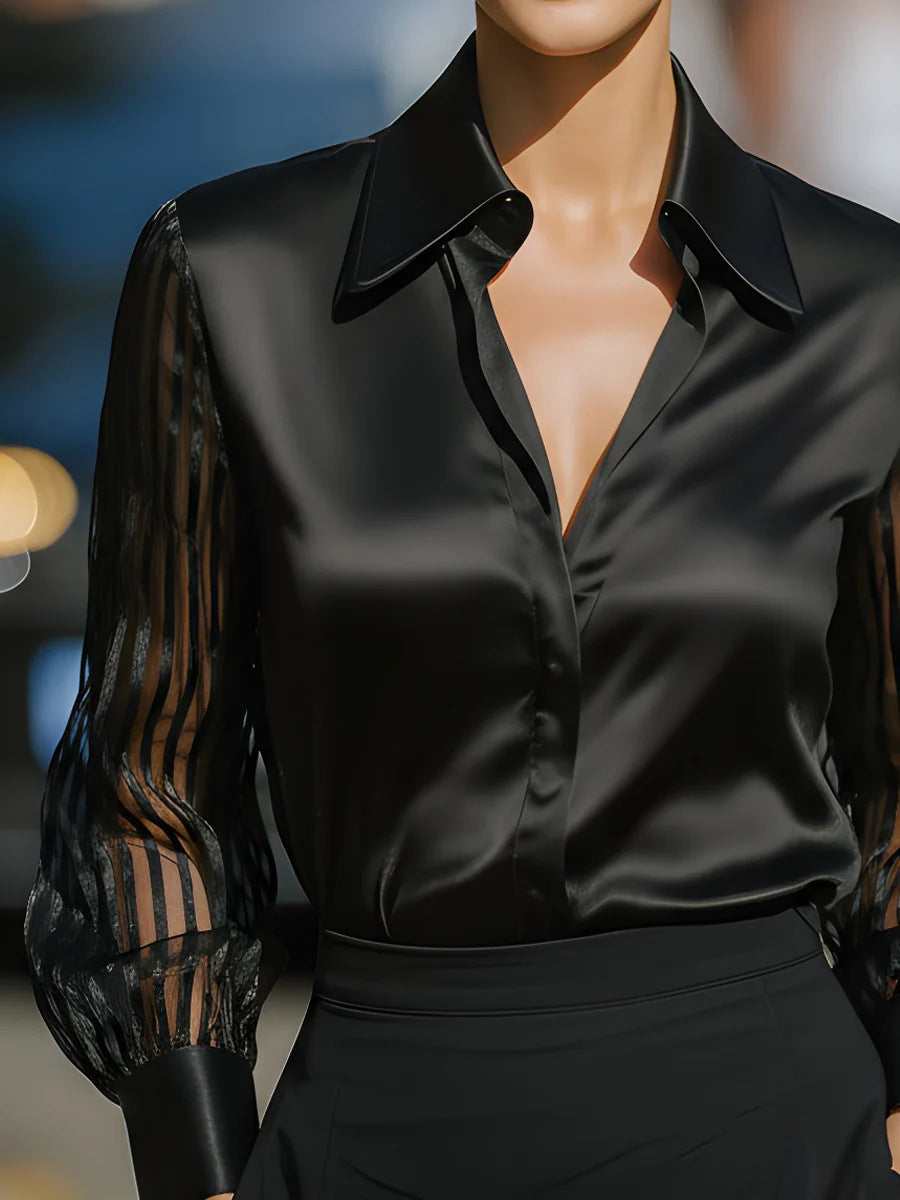 Black Spliced Satin Long-sleeved Loose-fitting Shirt
