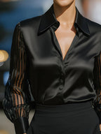 Black Spliced Satin Long-sleeved Loose-fitting Shirt
