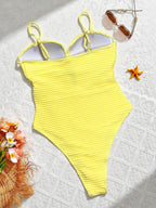 Solid-Color Vertical-Striped Openwork Tie-Side One-Piece Swimsuit