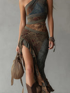 Ethnic-Style Printed One-Shoulder Maxi Dress with High Slit