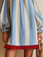Blue and white striped off-the-shoulder mini dress with a contrasting hem