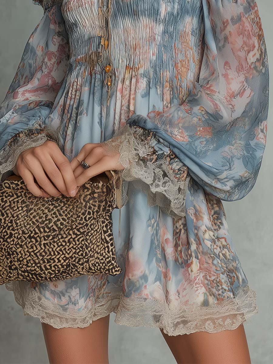Romantic Floral Off-Shoulder Ruched Chiffon Mini Dress