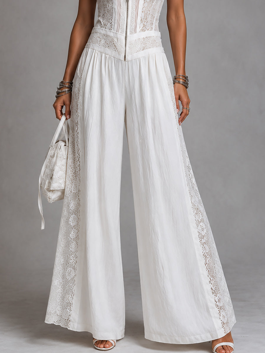 Vintage stand-collar wide-leg jumpsuit with lace paneling