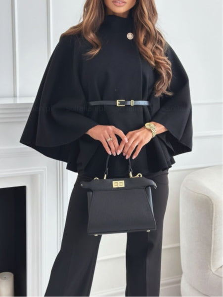 Women's solid color belted wool blend cape coat