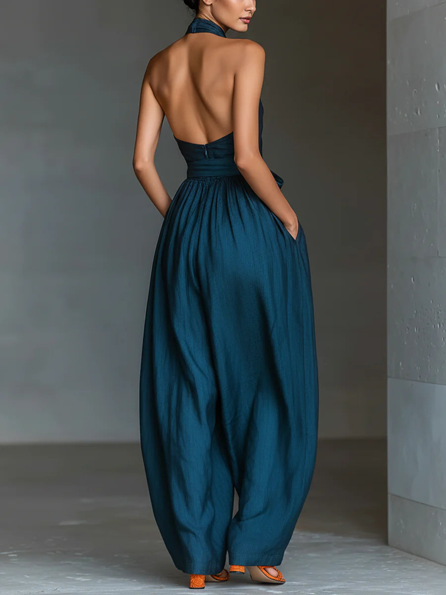 Navy Cross Halter Wide-Leg Jumpsuit With Side Pockets