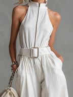 Elegant Urban Belted Sleeveless Wide-Leg Jumpsuit