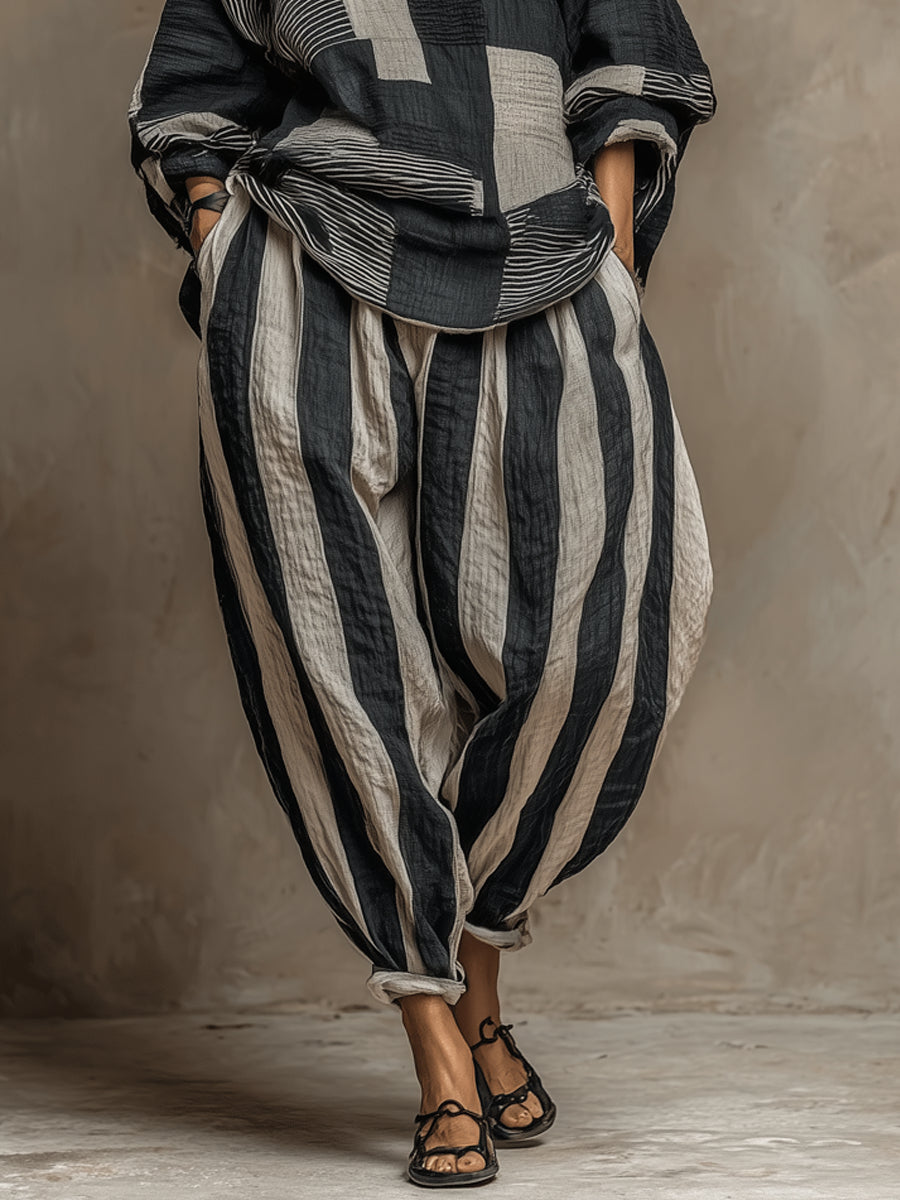 Casual Color-Block Printed Long-Sleeve Top And Pants Set