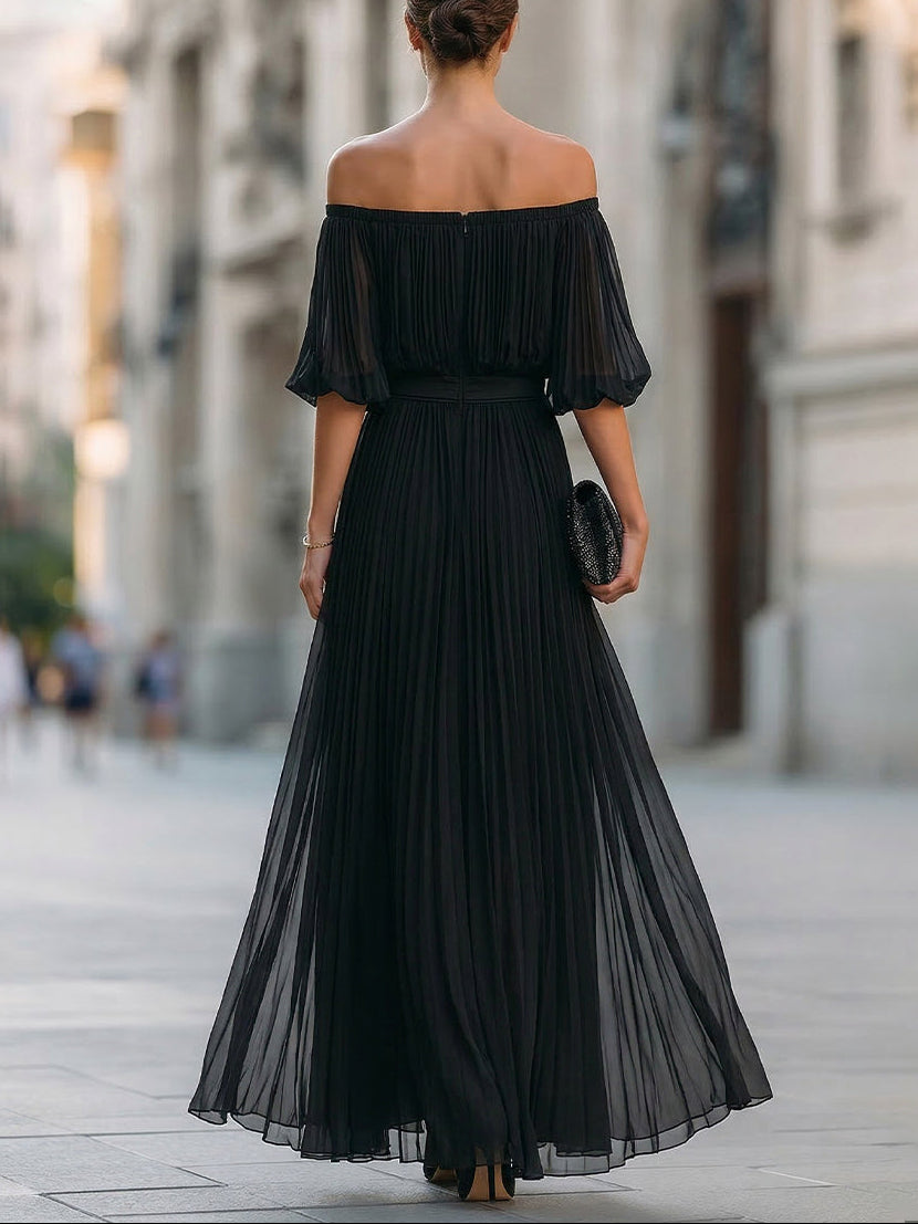 Black Off-Shoulder Pleated Chiffon Maxi Dress